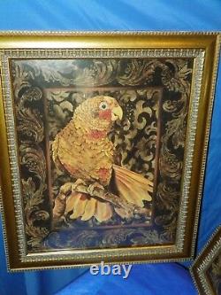 Gold Bronze Framed Pictures Of Yellow Parrot- Set Of Two By Artist Wood