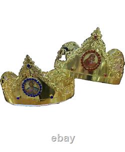 Golden Byzantine Orthodox wedding crowns set of two in Christian church