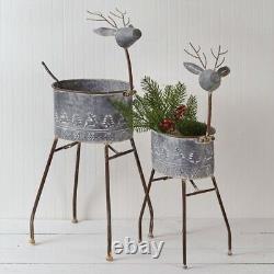 Gray Metal Set of Two Metal Reindeer Planters Christmas Decor