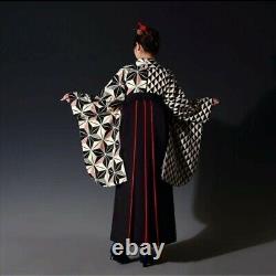 Hakama Set Two -Shaped Sleeve Kimono Half Width Band L Size Black Red