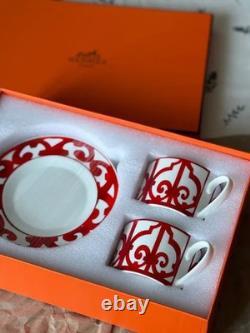 Hermes Balcon du Guadalquivir Red Porcelain Coffee Cup Tea Saucer Set for Two