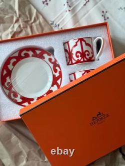 Hermes Balcon du Guadalquivir Red Porcelain Coffee Cup Tea Saucer Set for Two