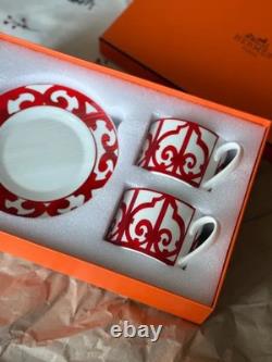 Hermes Balcon du Guadalquivir Red Porcelain Coffee Cup Tea Saucer Set for Two