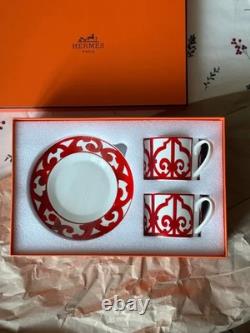 Hermes Balcon du Guadalquivir Red Porcelain Coffee Cup Tea Saucer Set for Two
