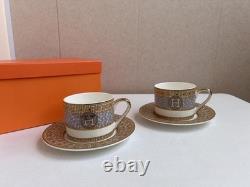 Hermes Mosaique au 24 Big Logo Gold Porcelain Coffee Tea Cup Saucer Set of 2 Two