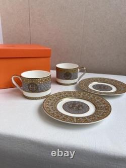 Hermes Mosaique au 24 Big Logo Gold Porcelain Coffee Tea Cup Saucer Set of 2 Two