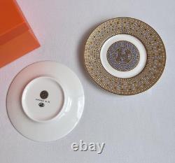 Hermes Mosaique au 24 Big Logo Gold Porcelain Coffee Tea Cup Saucer Set of 2 Two