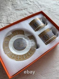 Hermes Mosaique au 24 Big Logo Gold Porcelain Coffee Tea Cup Saucer Set of 2 Two