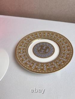 Hermes Mosaique au 24 Big Logo Gold Porcelain Coffee Tea Cup Saucer Set of 2 Two