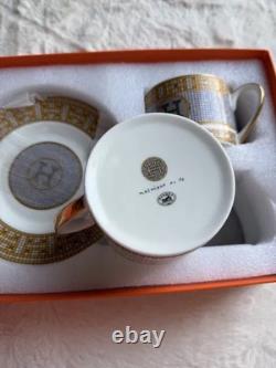 Hermes Mosaique au 24 Big Logo Gold Porcelain Coffee Tea Cup Saucer Set of 2 Two