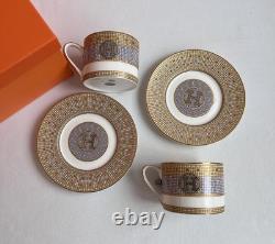 Hermes Mosaique au 24 Big Logo Gold Porcelain Coffee Tea Cup Saucer Set of 2 Two