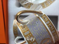 Hermes Mosaique au 24 Big Logo Gold Porcelain Coffee Tea Cup Saucer Set of 2 Two