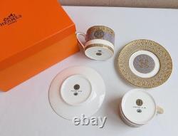 Hermes Mosaique au 24 Big Logo Gold Porcelain Coffee Tea Cup Saucer Set of 2 Two