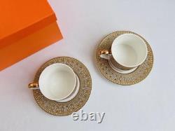 Hermes Mosaique au 24 Big Logo Gold Porcelain Coffee Tea Cup Saucer Set of 2 Two