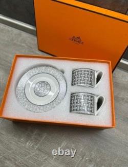 Hermes Mosaique au 24 Gray Platinum Porcelain Coffee Tea Cup Saucer Set of 2 Two