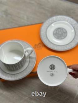 Hermes Mosaique au 24 Gray Platinum Porcelain Coffee Tea Cup Saucer Set of 2 Two