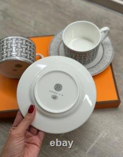 Hermes Mosaique au 24 Gray Platinum Porcelain Coffee Tea Cup Saucer Set of 2 Two