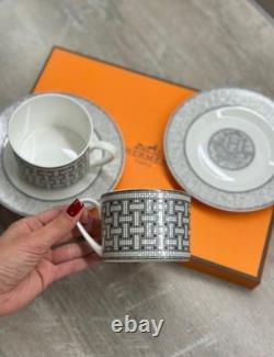 Hermes Mosaique au 24 Gray Platinum Porcelain Coffee Tea Cup Saucer Set of 2 Two