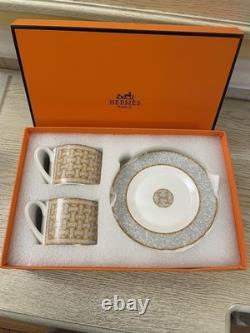 Hermes Mosaique au 24 Platinum Gold Coffee Tea Cup Saucer Porcelain Set for Two