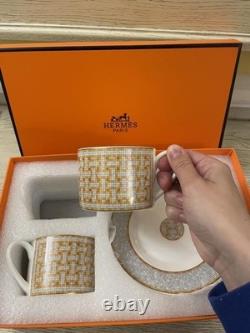 Hermes Mosaique au 24 Platinum Gold Porcelain Coffee Tea Cup Saucer Set of 2 Two