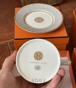 Hermes Mosaique au 24 Platinum Gold Porcelain Coffee Tea Cup Saucer Set of 2 Two