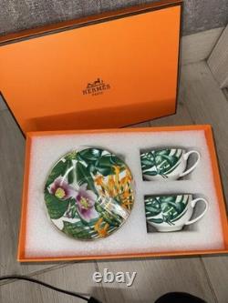 Hermès Passifolia Botanical Floral Porcelain Coffee Tea Cup Saucer Set for Two 2
