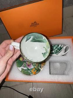 Hermès Passifolia Botanical Floral Porcelain Coffee Tea Cup Saucer Set for Two 2