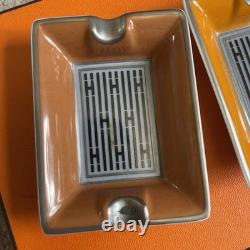 Hermès Vintage Collectors Glazed Porcelain Ceramic Ash Tray Two Piece Set Orange