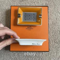 Hermès Vintage Collectors Glazed Porcelain Ceramic Ash Tray Two Piece Set Orange