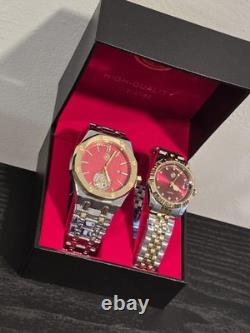 His and Hers Luxury Watch Matching Set Two-Tone Gold Silver Red Dial Gift Boxed
