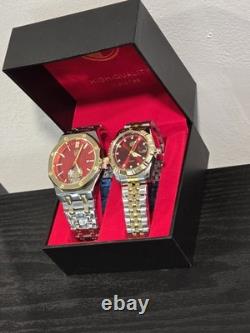His and Hers Luxury Watch Matching Set Two-Tone Gold Silver Red Dial Gift Boxed