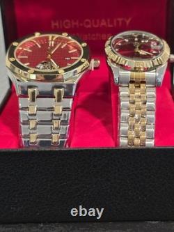 His and Hers Luxury Watch Matching Set Two-Tone Gold Silver Red Dial Gift Boxed