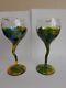 Irimiea Set Of Two Blue Green Yellow Gold Hand Painted Wine Glasses Rare