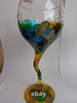 IRIMIEA Set of Two Blue Green Yellow Gold Hand Painted Wine Glasses RARE