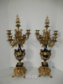 Italian Brevettato Bronze & Marble Candelabras Vintage Set Of Two Candle Holders