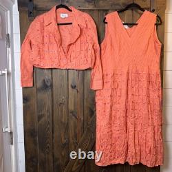 J Song Embroidered Linen 2pc Pleated MIDI Dress & Jacket Set Sz 16 Orange