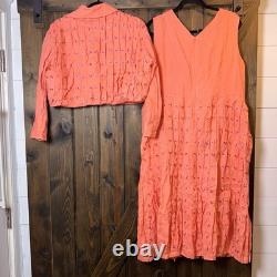 J Song Embroidered Linen 2pc Pleated MIDI Dress & Jacket Set Sz 16 Orange