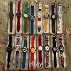 JOB LOT of 16 designer swatch watches all with cases vintage collectible set