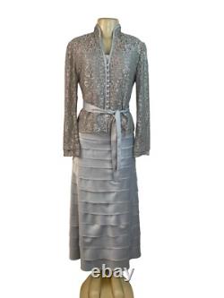JS Collections Womens Silver Lace Jacket & Tiered Satin Skirt Formal Set Sz 2
