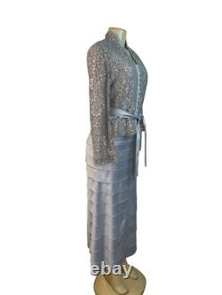 JS Collections Womens Silver Lace Jacket & Tiered Satin Skirt Formal Set Sz 2