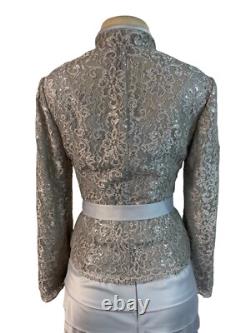 JS Collections Womens Silver Lace Jacket & Tiered Satin Skirt Formal Set Sz 2