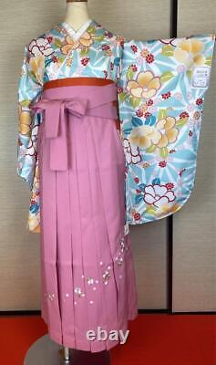Japanese Kimono Two Shaku Sleeve Kimono Hakama Set 4 Pieces Blue Flower