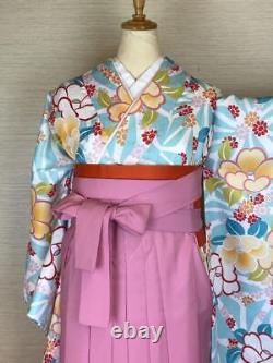 Japanese Kimono Two Shaku Sleeve Kimono Hakama Set 4 Pieces Blue Flower