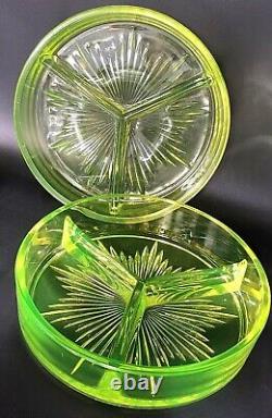 Lancaster Glass Co Divided Dishes in Topaz Yellow Set of Two