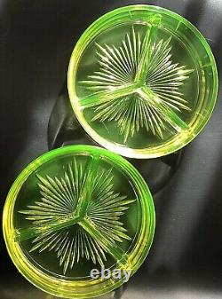 Lancaster Glass Co Divided Dishes in Topaz Yellow Set of Two