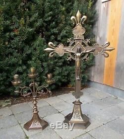 Large French Altar Set Gorgeous bronze Standing Crucifix two Candelabras 26.37