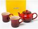 Le Creuset Tea Set Teapot & Two Mug Cup Set In Box Cherry Red New