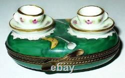 Limoges Box Chamart Teacups Tea For Two Set & Tray Croissants Peint Main