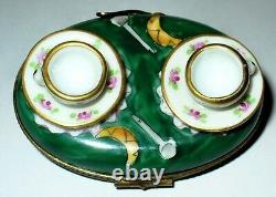 Limoges Box Chamart Teacups Tea For Two Set & Tray Croissants Peint Main