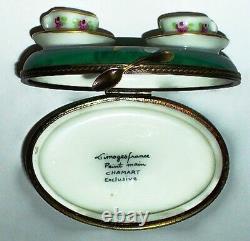 Limoges Box Chamart Teacups Tea For Two Set & Tray Croissants Peint Main